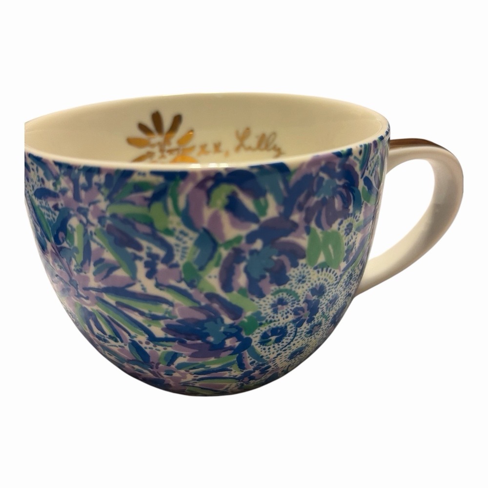 Lilly Pulitzer Set of 3 Ceramic Coffee Tea Mugs Floral Blue Purple Gold Handles